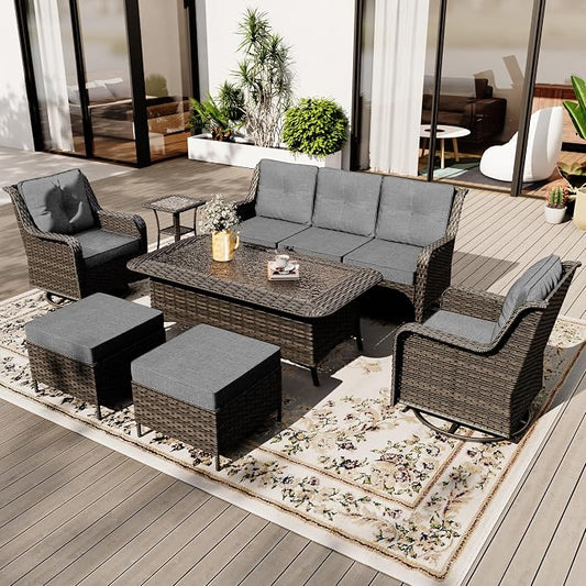 Gotland 7-Pcs Patio Conversation Set, Outdoor Thick Wicker Sectional Sofas with 2 Swivel Rocker Chairs, High Back Sectional Couch, Outdoor Furniture Set for Backyard, Deck, Porch, Grey
