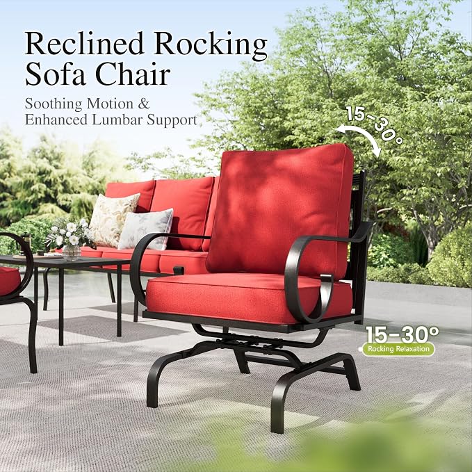 Sophia & William Patio Conversation Set for 5, 3-Seater Sofa, 2 Rocking Chairs and a Coffee Table, Metal Outdoor Furniture with 5.75" Extra Thick Cushions, Red