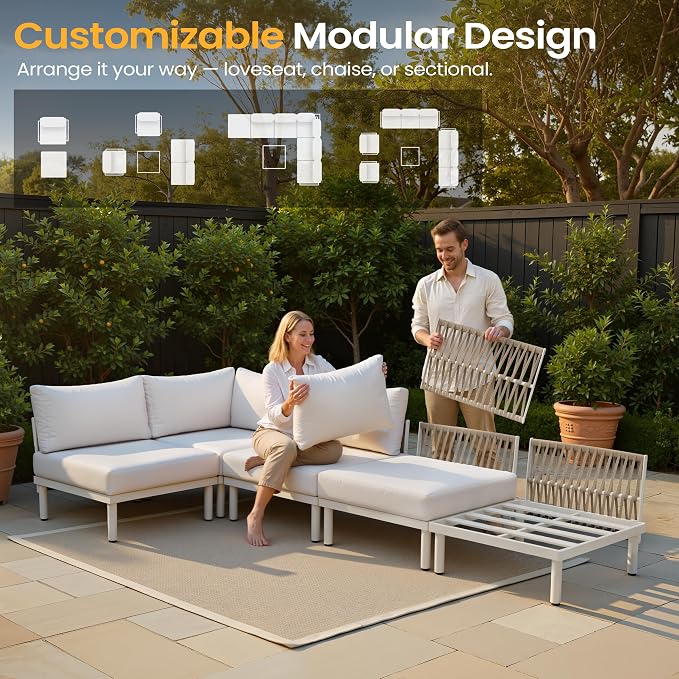 9-Piece Aluminum Modern Outdoor Sectional Sofa with Coffee Table - Weather-Resistant 31" Deep Seating Patio Conversation Set, 5.1" Thick Removable Cushions for Deck, Porch & Backyard, Beige