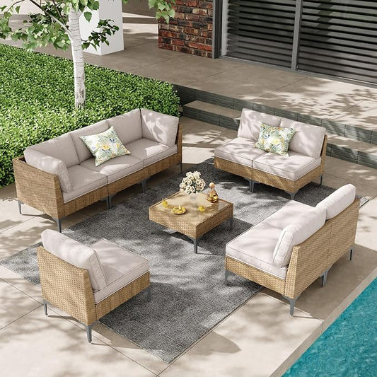 9-Piece Patio Furniture Set, Outdoor Wicker Sectional Sofa with Coffee Table, Anti-Slip & Thick All-Weather Cushions for Sunroom,Garden,Backyard, Beige