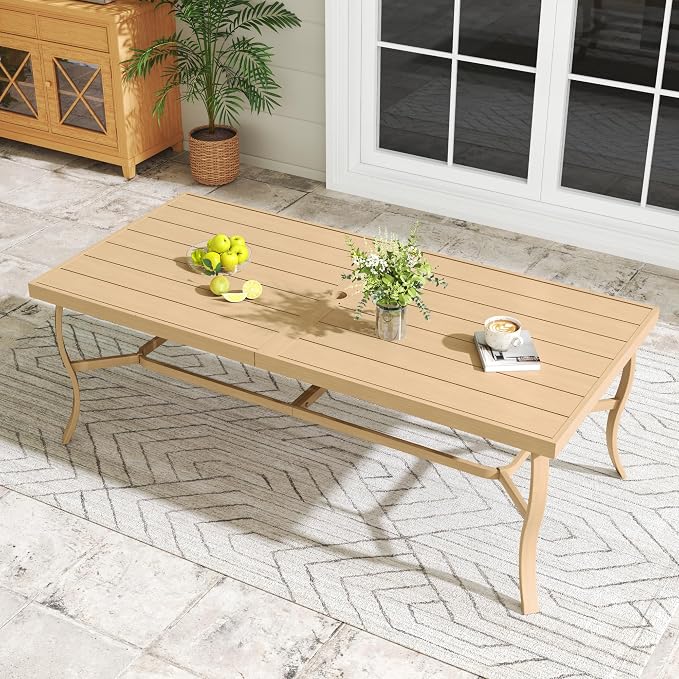 8-Person Outdoor Dining Table, Aluminum Rectangle Outdoor Dining Table with 2.2" Umbrella Hole, Rustproof Aluminum Patio Dining Table for 8, All-Weather for Garden Yard Poolside, Beige