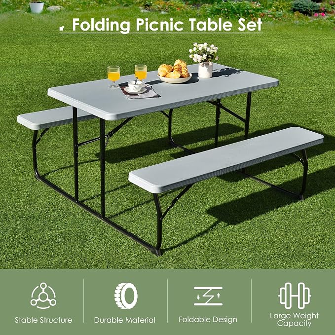 Giantex Folding Picnic Table Bench Set, Outdoor Dining Table Set, Large Camping Table for Patio Lawn Garden Poolside, Portable Picnic Tables, Weather Resistant Metal Frame (Folding Legs Design, Gray)