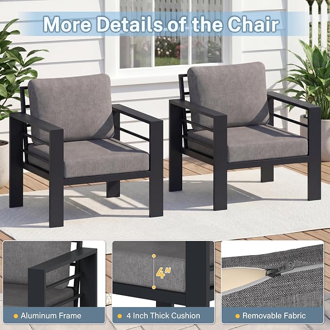 2 Pieces Outdoor Aluminum Armchair, Modern Patio Patio Furniture with 3.54” Wide Seat and Thick Cushions, All-Weather Outdoor Single Sofa for Deck, Porch