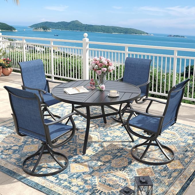 40.6" Outdoor Dining Table with Adjustable Umbrella Hole, Metal Slatted Round Patio Dining Table for Backyard Garden Deck, Black