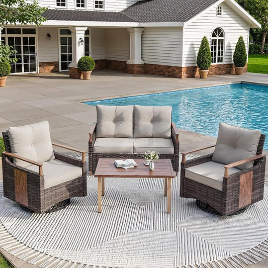 NestNook 4 Pieces Patio Furniture Set, Outdoor All-Weather Handwoven PE Wicker Swivel Chairs, Conversation Set with Coffee Table, Loveseat & Thick Cushion for Backyard, Deck & Poolside, Beige