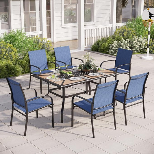 MIXPATIO Outdoor Patio Dining Set 7 Piece Furniture Set with 6 Blue Textilene Chairs and Wood-Like Table Top Rectangular Table for Deck Garden Backyard Lawn Poolside
