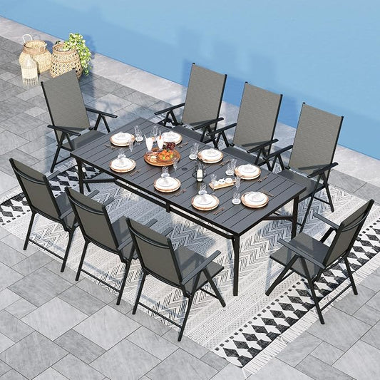 Sophia & William Patio Dining Set for 8 with Folding Chairs, Black | Light-weight & space-saving, Quick-drying, Rectangular, Umbrella Hole, Weather-Resistant, Adjustable, Outdoor deck
