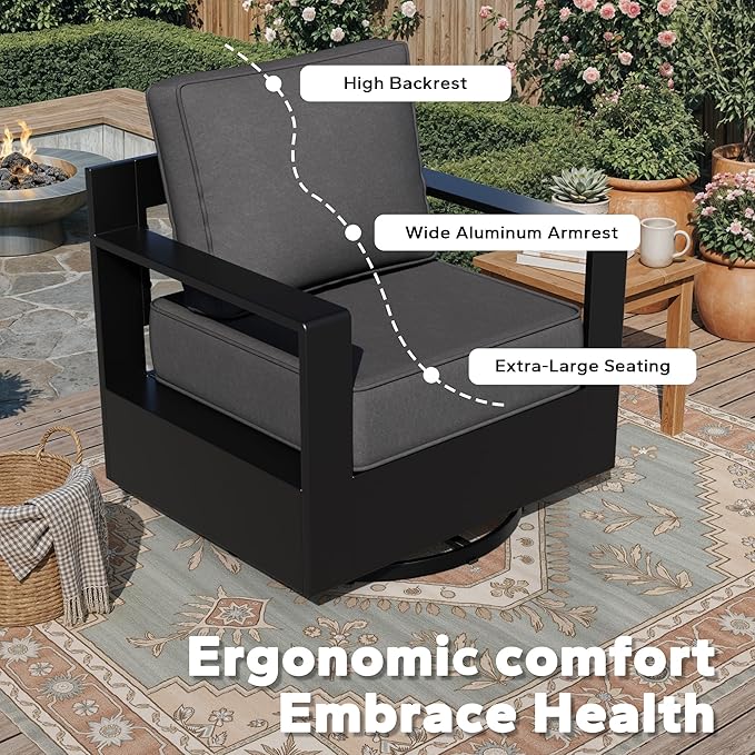 Aluminum Patio Swivel Chair - Outdoor Swivel Rocking Chair with 6" Thick Removable Cushions, All-Weather Metal Frame, Deep Setting for Garden, Poolside and Porch