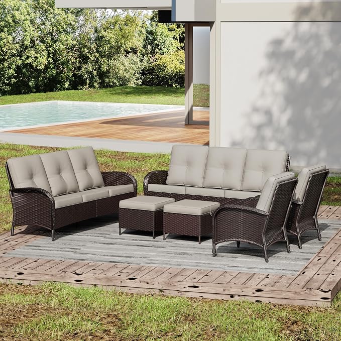Joyside Wicker Patio Furniture Set, 6 Piece Outdoor Furniture Set with Thickened Cushions, High Back, Deep Seating, Wide Armrest, Rattan Outdoor Chairs for Porch, Deck