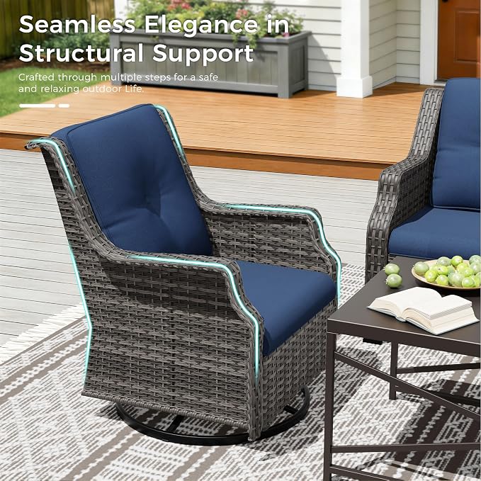 Outdoor Patio Furniture Set, 4 Piece Wicker Patio Furniture with Thick Cushions, Curved Armrest, Deep Seating, Outdoor Swivel Rocker Chairs for Porch, Deck, Balcony