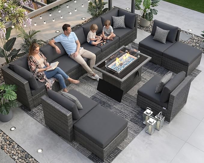 NICESOUL 11 Piece Extra Large Outdoor Furniture Sofa Set, Deep Wide PE Wicker Patio Modular Sectional with Fire Pit Table, 29.3'' High Back Modern Luxury All-Weather Rattan Conversation, Gray