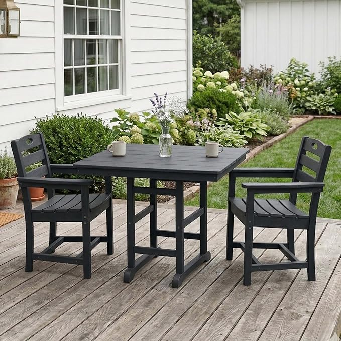 WILLIAMSPACE 37.8" Outdoor Patio Dining Set with 2 Armchairs, All Weather HDPE Square Dining Table with Umbrella Hole, Patio 3-Piece Bistro Set for Backyard, Balcony, Lawn, Kitchen (Black)