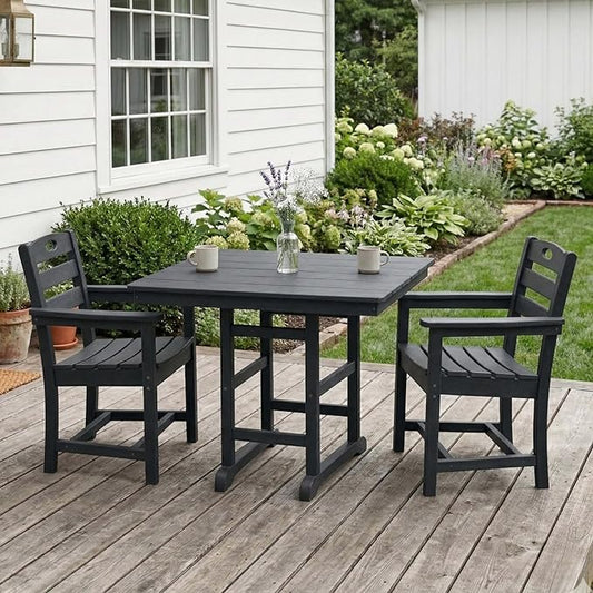 WILLIAMSPACE 37.8" Outdoor Patio Dining Set with 2 Armchairs, All Weather HDPE Square Dining Table with Umbrella Hole, Patio 3-Piece Bistro Set for Backyard, Balcony, Lawn, Kitchen (Black)