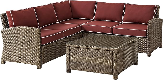 Crosley Furniture Bradenton 4-Piece Outdoor Sectional Sofa Wicker Conversation Patio Furniture Set for Deck, Brown with Sangria Cushions