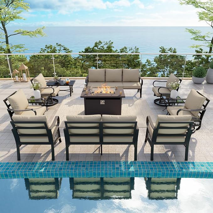 12-Piece Outdoor Furniture Set, Metal Swivel Rocking Chairs with All-Weather Cushions, Patio Conversation Set with Fire Pit Table for Deck, Porch, Garden, Backyard, Poolside (Beige Cushions)