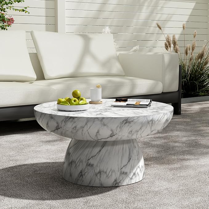 27.5" Round Outdoor Coffee Table Modern Faux Stone Coffee Table for Outdoor Circle Marble Center Tables with Pedestal Accent Tables for Patio Garden Backyard Balcony Weather Resistant, MgO
