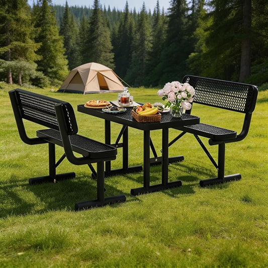 4FT Outdoor Metal Picnic Table with 2 Benches,Heavy Duty Rectangular Picnic Table Set for Outside, Waterproof Commercial Restaurant Table Furniture for Park, Campfield, Patio, Garden, Yard