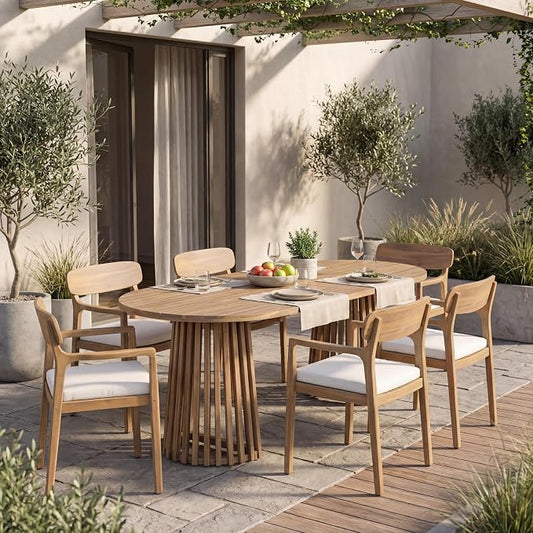 Christopher Knight Home Zoa Acacia Wood Dining Set for 6, Outdoor Dining Table with Dual Slatted Pedestal Bases, Outdoor Dining Chairs with Cushions, 7 Piece Patio Dinner Set, Beige/Light Teak/Brown