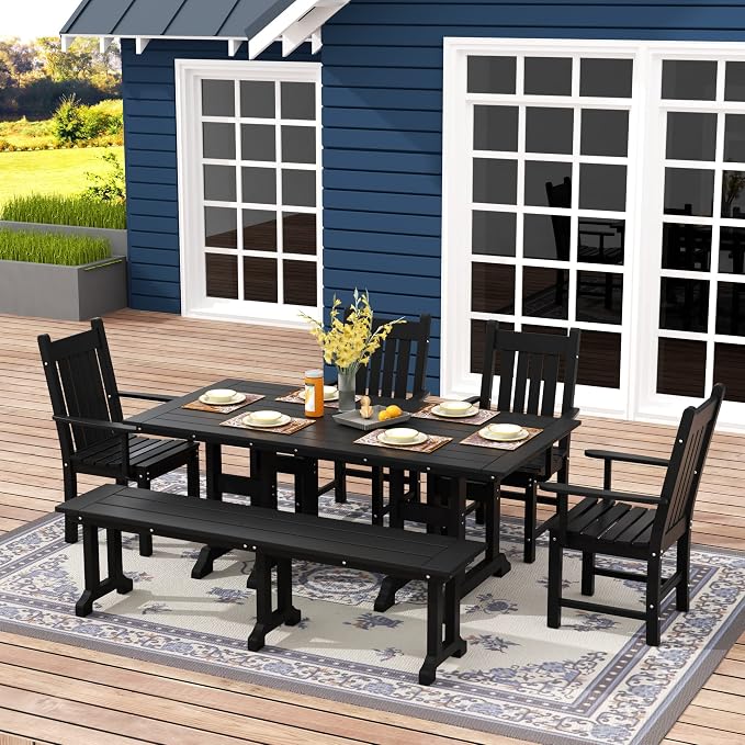 WO Home Furniture Adirondack Patio Dining Chair Table Bench Set of 6 PCS Rectangle Dinner Table Dining Arm-Chairs (Black)