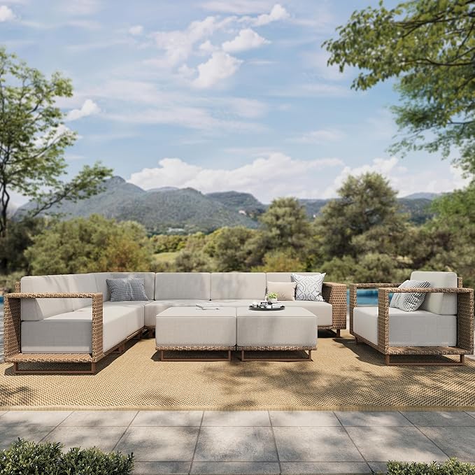 HERA'S HOUSE Patio Sectional Furniture Set with 10" Thick Cushions, Outdoor Modular Couch Sofa Set, 9 Seats Yellow Rattan Conversation Sets for Deck Yard Lawn