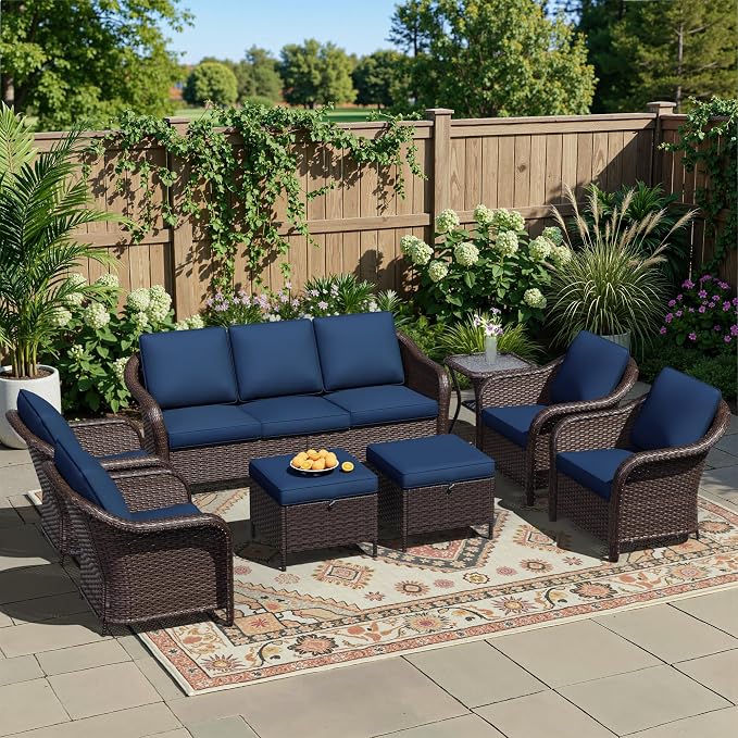 8 Piece Patio Wicker Conversation Set, All-Weather Use Outdoor Wicker Sofa with 2 PE Rattan Ottomans,4 Chair, 1 Side Table, Ideal for Porch, Backyard, Balcony, Poolside, Blue