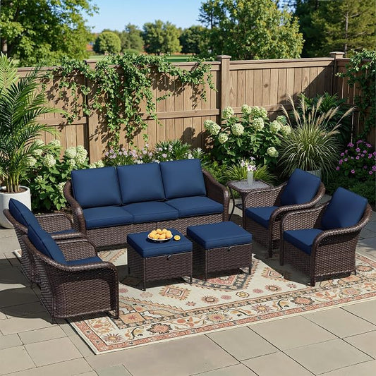 8 Piece Patio Wicker Conversation Set, All-Weather Use Outdoor Wicker Sofa with 2 PE Rattan Ottomans,4 Chair, 1 Side Table, Ideal for Porch, Backyard, Balcony, Poolside, Blue