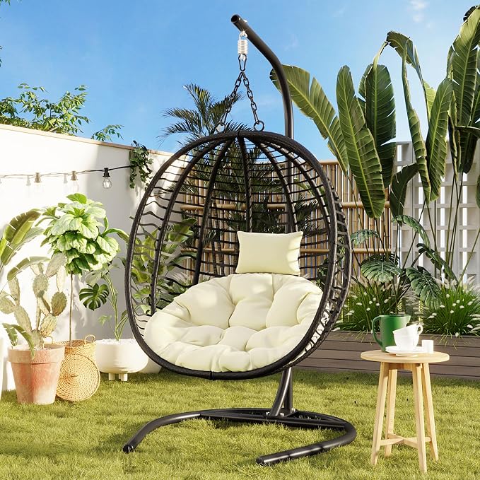 Folding Egg Chair, Outdoor Hanging Hammock Chair with Stand, Patio Wicker Hanging Chair with Iron Frame and Plush Cushion & Removable Headrest for Bedroom, Balcony, Garden (C-BlackBeige)