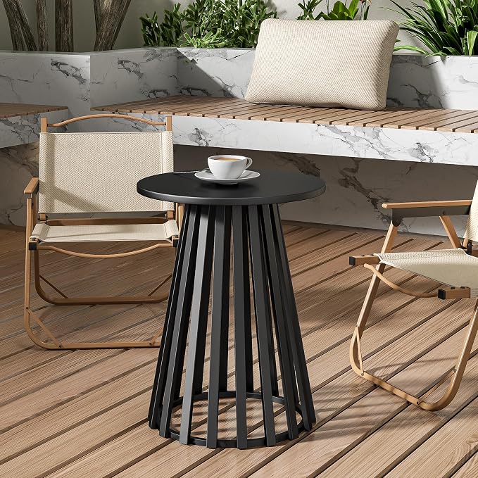 Round Small Outdoor Coffee Table, 15.6 Inch Metal Steel Patio Side Table, Patio Furniture Accent Bistro End Table, for Garden, Pool, Yard, Balcony, Living Room, Deck, Weather Resistant, Black