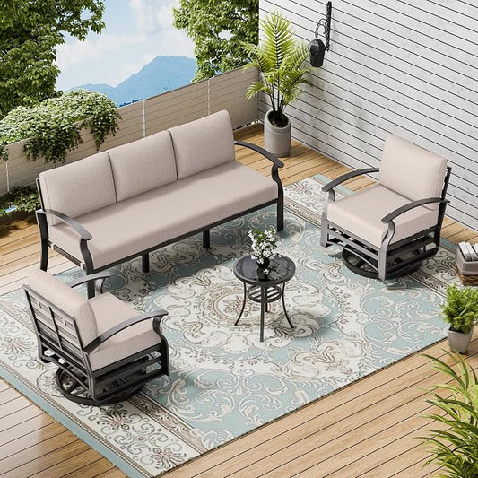 Patio Furniture Set 3-piece Aluminum Armrest Sofa, All-Weather Patio Conversation Set with Tempered Glass Top Table & Removable Sponge Cushions for Backyard Poolside - Sand.