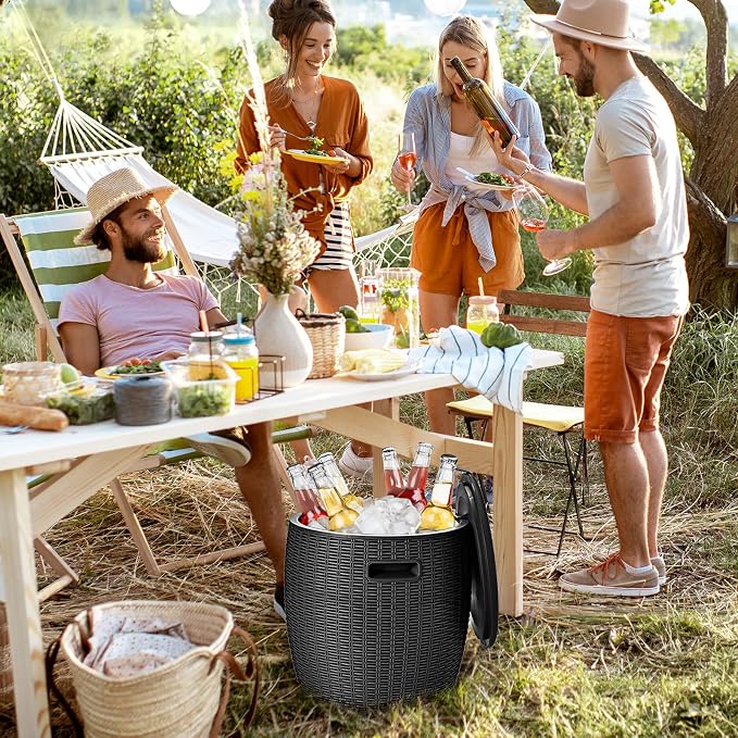 Tangkula 9.5 Gal Cooler Bar Table, Patio Wicker Ice Cool Bar Table, Outdoor Rattan Bar Table with Ice Bucket, Ice Bucket with Side Handles & Lid, Beer & Wine Cooler for Party, Poolside, Deck, Yard