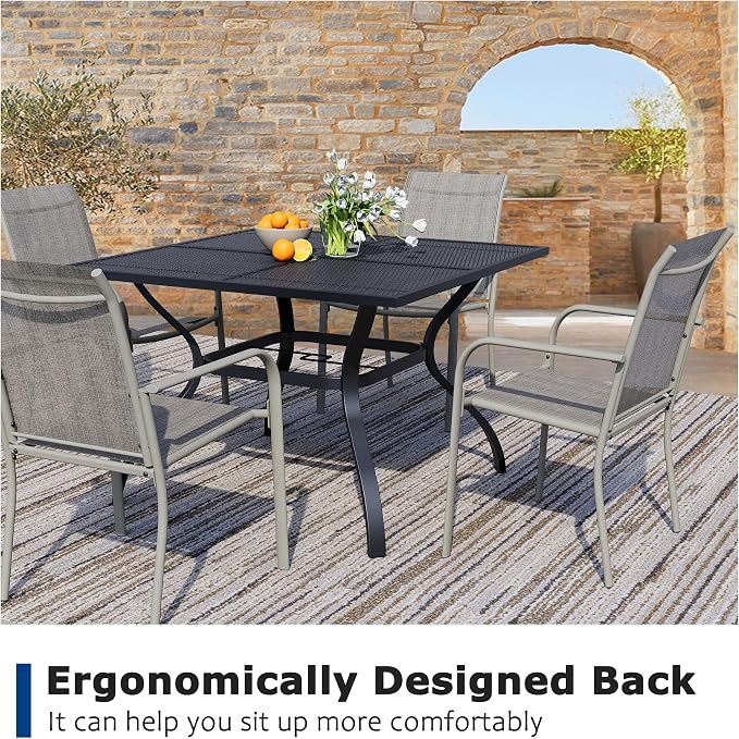 5 Piece Outdoor Dining Set, Patio Table and Chairs Set of 4, 37.5" Black Square Patio Table with 4 Grey Stackable Patio Chairs for Lawn, Garden, Porch