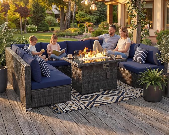 RADIATA 9 Piece Wicker Patio Furniture Set with Fire Pit, All-Weather Outdoor Sectional Couch High Back Large Size, Modular Backyard Seating Sofa Set with Propane/Natural Gas Firepit Table, Grey&Blue