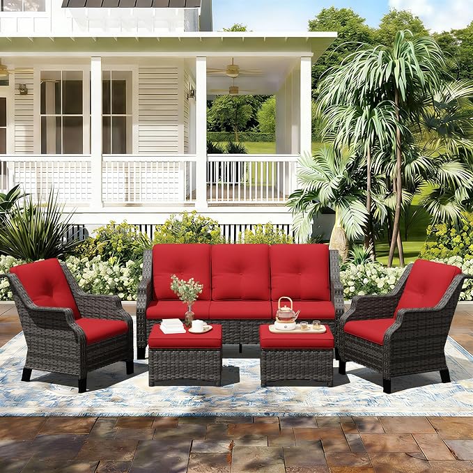 Outdoor Patio Furniture Set, 5 Piece Wicker Patio Furniture with Thick Cushions, Curved Armrest, Deep Seating, Rattan Outdoor Chairs for Porch, Deck, Balcony