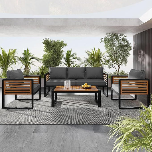 Merax 4-Piece Large Size Outdoor Conversation Sofa Set, Metal and Acacia Wood Frame Sofa with Removable Cushions, Waterproof & UV-Resistant, 5-Person Patio Furniture for Garden Backyard, Gray
