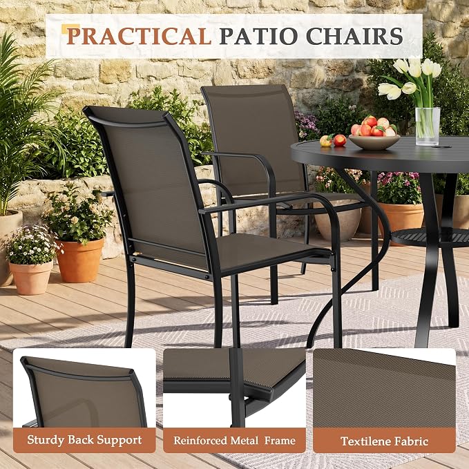 5-Piece Patio Dining Set,4 Person Outdoor Table and Chairs Set, 4 Metal Dining Chairs and Round Outdoor Table with 1.57" Umbrella Hole,Khaki