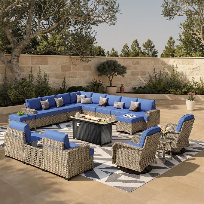 HOOOWOOO Sectional Patio Furniture Set with Fire Pit Table,17 Pieces Wicker Outdoor Furniture L Shaped Couch,Outside Conversation Set Extra Deep Sofa Wide Arm Swivel Chairs Ottoman Light,Navy Blue