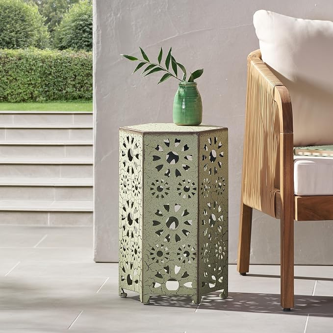 Christopher Knight Home Eliana Outdoor 12" Sunburst Iron Side Table, Crackle Green