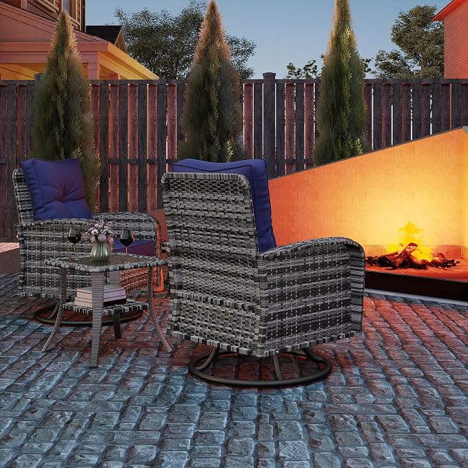 Kromax Outdoor Patio Furniture Set, All-Weather Wicker Swivel Glider Chairs Set of 2 with Coffee Table Table & Thick Machine Washable Cushions for Backyard, Garden, Porch, Grey/Blue