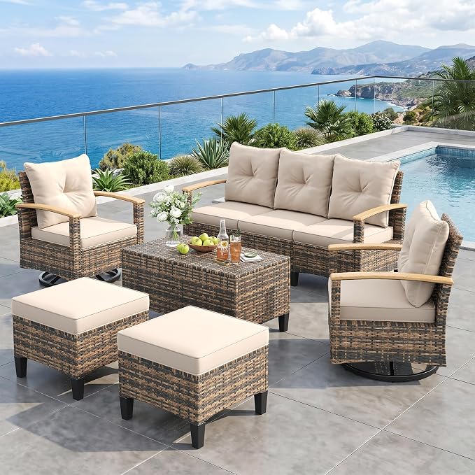 UDPATIO Patio Furniture Set with Swivel Chairs, 6 Pieces Outdoor Wicker Conversation Set with Storage Table for Lawn, Porch, Garden, Backyard, Khaki
