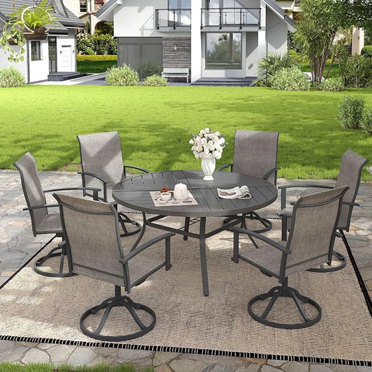 VICLLAX 7 Pieces Patio Outdoor Dining Set, 6 Swivel Textilene Chairs and 53" Round Metal Table with Umbrella Hole for Porch, Deck, Garden, Dark Gery/Grey