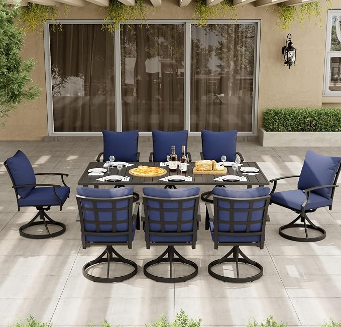 HAPPATIO 9-Piece Patio Dining Set, Outdoor Dining Set with Powder-Coated Metal,Dining Table with Umbrella Hole, 8 Swivel Chairs with Removable Cushions for Porch Poolside Garden,Navy Blue
