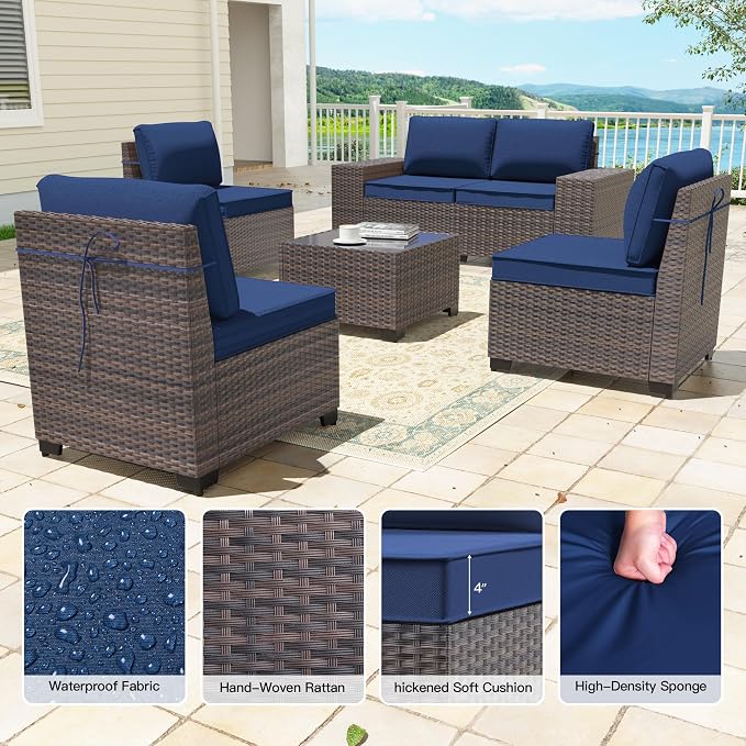 6 Pieces Patio Furniture Sets with Glass Tea Table,PE Rattan Wicker Patio Conversation Set with Washable Cushions,Outdoor Patio Sectional Furniture Set for Backyard, Poolside, Garden,Navy