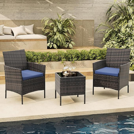 Garvee Patio Conversation Set 3 Piece, Brown Wicker Rattan Outdoor Furniture Set with Cushioned Chairs and Glass Top Coffee Table for Small Patio, Porch, Balcony, Backyard
