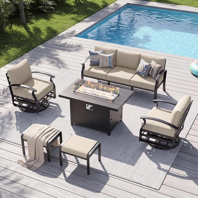 Aluminum Patio Furniture Set with Fire Pit Table, 7 Seats Outdoor Patio Conversation Sets with Swivel Chairs, Modern Metal Sectional Sofa with Upgrade Cushions for Patio, Backyard, Deck - Sand