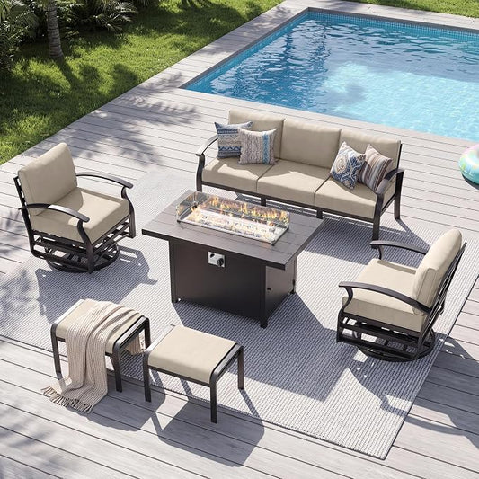 Aluminum Patio Furniture Set with Fire Pit Table, 7 Seats Outdoor Patio Conversation Sets with Swivel Chairs, Modern Metal Sectional Sofa with Upgrade Cushions for Patio, Backyard, Deck - Sand