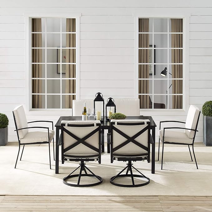 Crosley Furniture Kaplan 7-Piece Outdoor Dining Set for 6, Patio Table and Chairs for Backyard, Deck, Oiled Bronze with Oatmeal Cushions