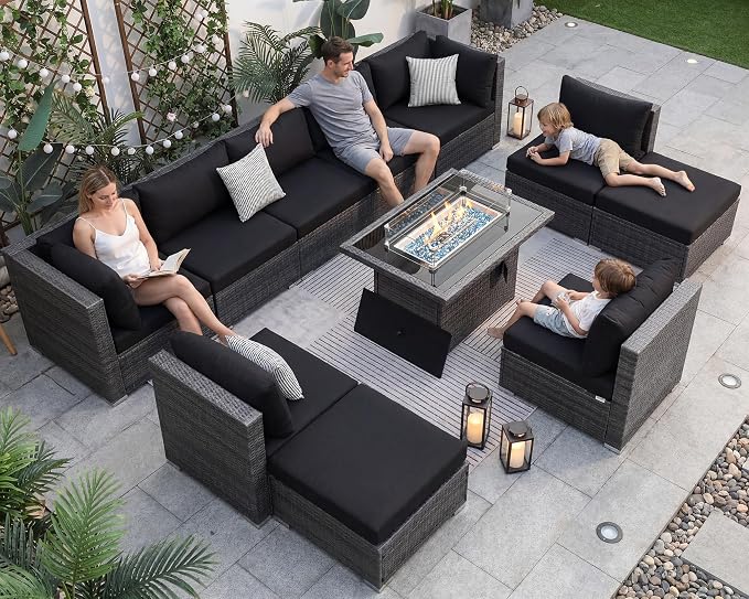 NICESOUL 11 Piece Outdoor Furniture Set w/Fireplace, Luxury Patio Sectional, Chill 29.3'' High-Back Backyard Seating Area, All-Weather Rattan Couch Set, Modular Sofa for Outside, Deck, Grey & Black