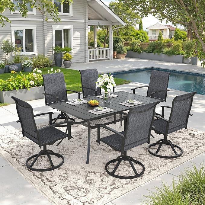 DIFY 7 Pieces Outdoor Dining Set, Metal Patio Table and Chairs Set for 6 with Umbrella Hole, 59.2" Black Rectangle Table and Dark Grey Textilene Swivel Patio Chairs for Garden, Backyard, Poolside