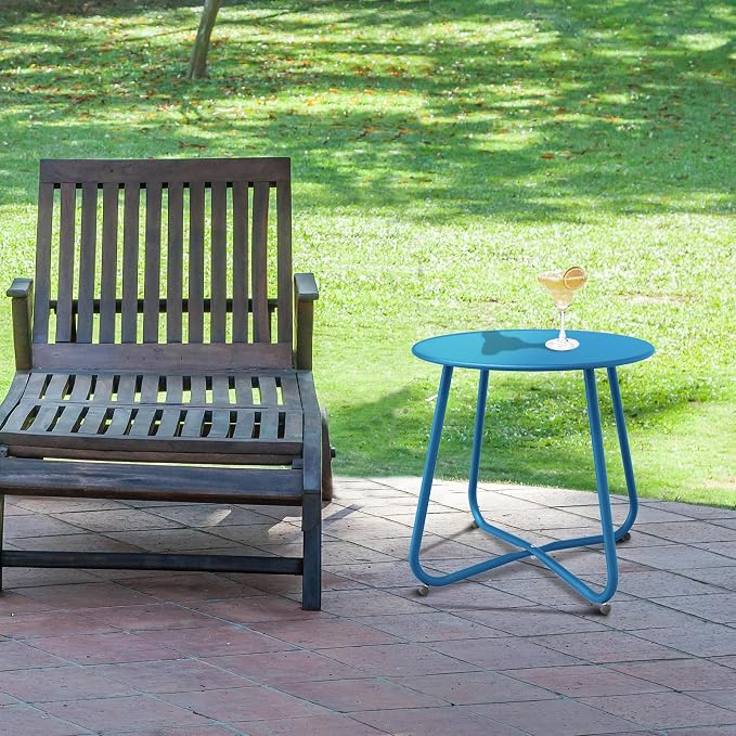 Patio Side Table, Round Metal Steel Weather Resistant Portable Patio Table， Outdoor and Indoor Patio Small Table for Garden Balcony Yard, Peacock Blue