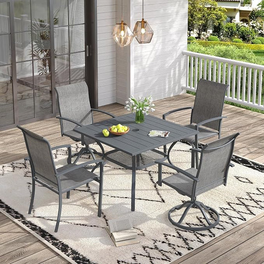 VICLLAX 5 Pieces Patio Dining Set for 4, 37.8" Square Outdoor Table and Chairs (2 Fixed Chairs and 2 Swivel Chairs) for Deck Garden, Dark Grey